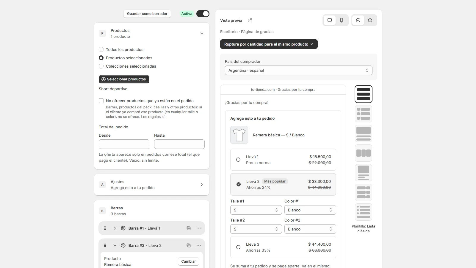 El editor de ofertas de TicketUp, con la vista previa de la página de gracias.